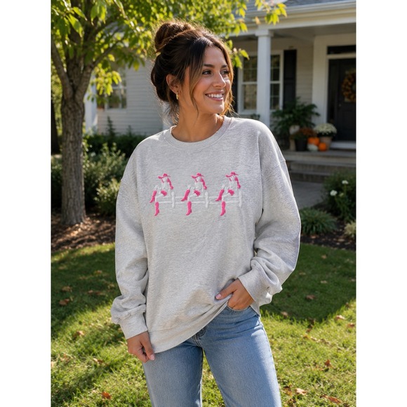 Pacific & Co Tops - Pacific & Co Heather Gray Pink Skeleton Cowgirl Embroidered Sweatshirt XL